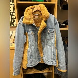 Pink Lily Blue Denim Jacket with Gold Faux Fur
